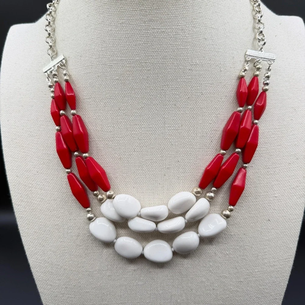 Red White Beaded Statement Necklace Silver Tone Triple Strand Chunky Boho Gift